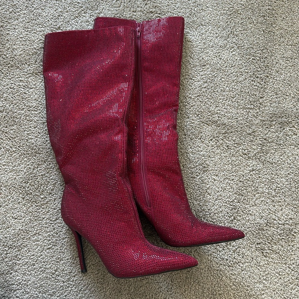 Red rhinestone Stiletto Boots Worn 1 time as a Brand Try On- Brand NEW !